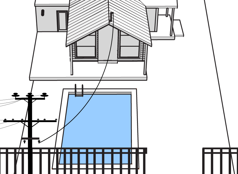 The image show a diagram of a house with a pool inn the front yard. The pool has been installed under the aerial service cable with is against Power and Water's safety requirements.