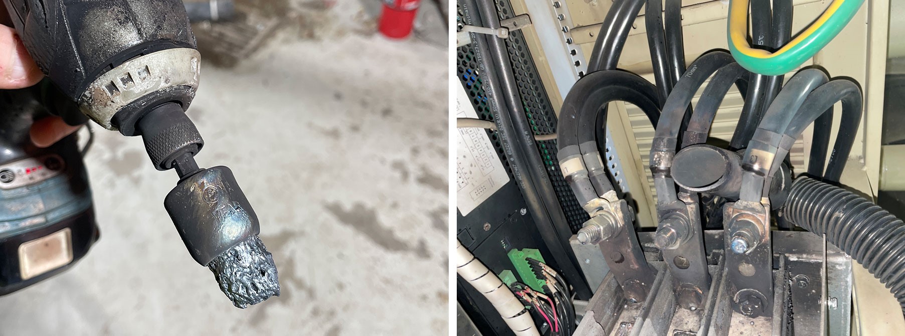 The image on the left shows the metal brush attachment which melted and fused as a result of the arc flash. The image on the right shows the cable lugs and terminals that were live at the time of the incident.