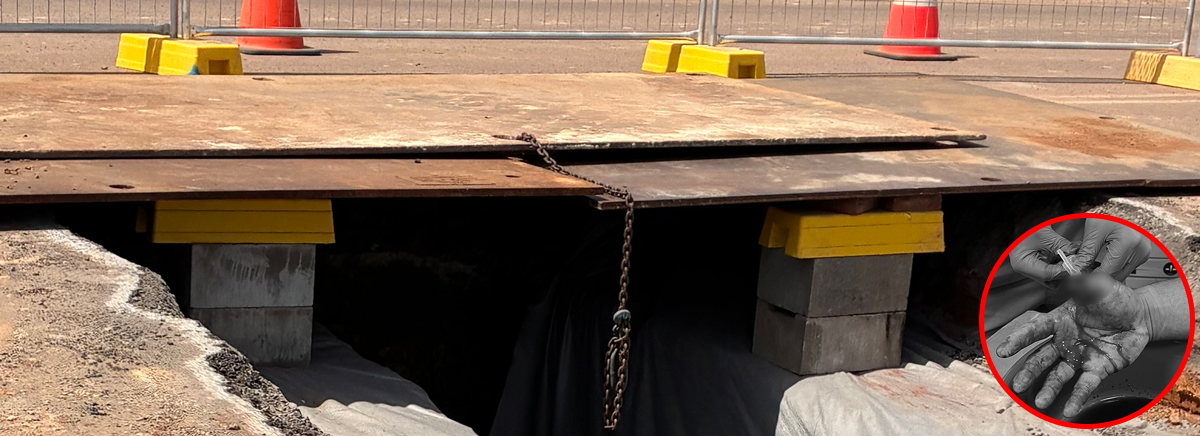 The image shows the trench plates at the incident site. The insert image shows the worker's hand receiving medical treatment. 