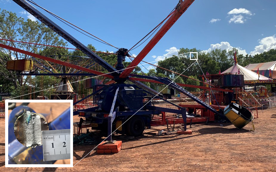 Image of the Octopus Ride with the damaged gondola. An insert image shows sweep support rod with visible corrosion.