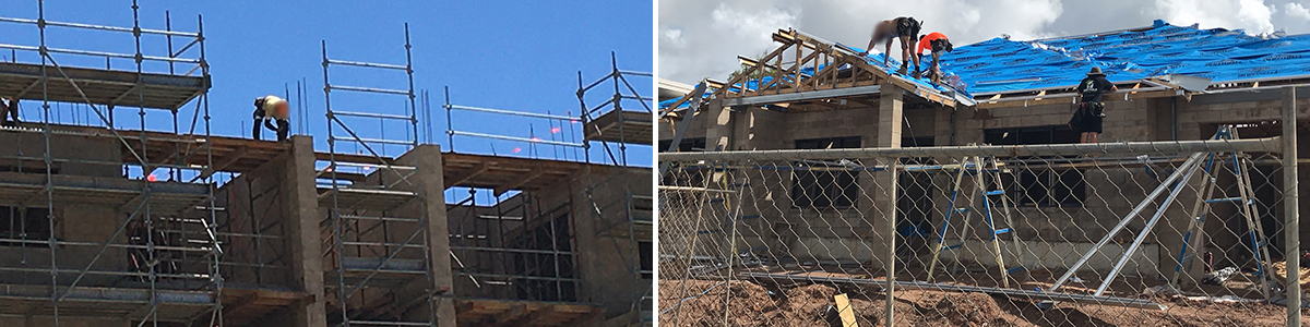 This is a composite image of the building sites that were issued the prohibition notices. The image on the left shows a worker looking over the live edge of the seventh floor of a construction site in Alice Springs. The image on the right shows two workers standing on the roof trusses installing vapour barriers without fall prevention.