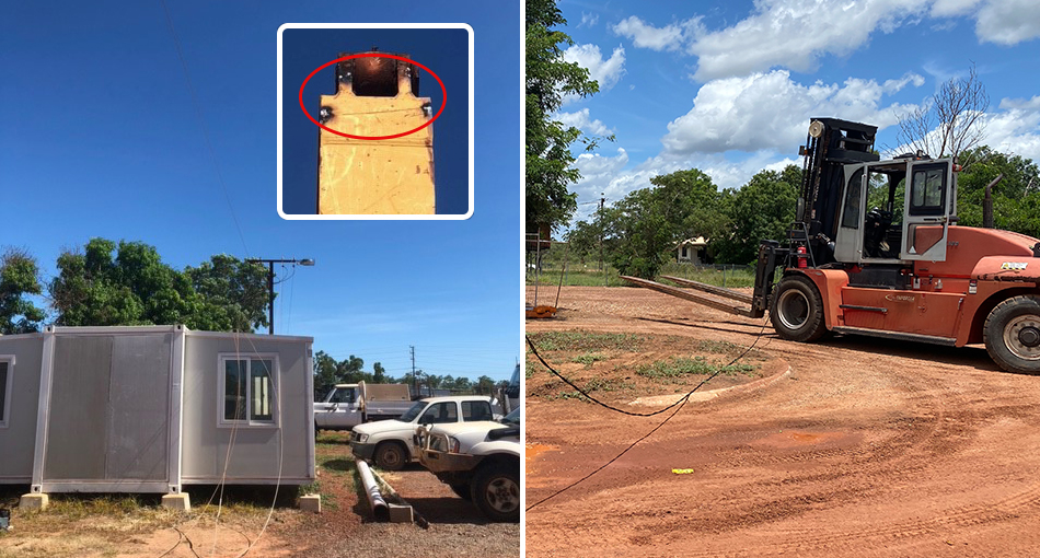 This is a composite image of three images. The left image shows powerlines fallen on top of a demountable. An insert image in the left side image shows a close up on arc flash damage to the excavator arm. The right hand image shows fallen service line on a forklift.