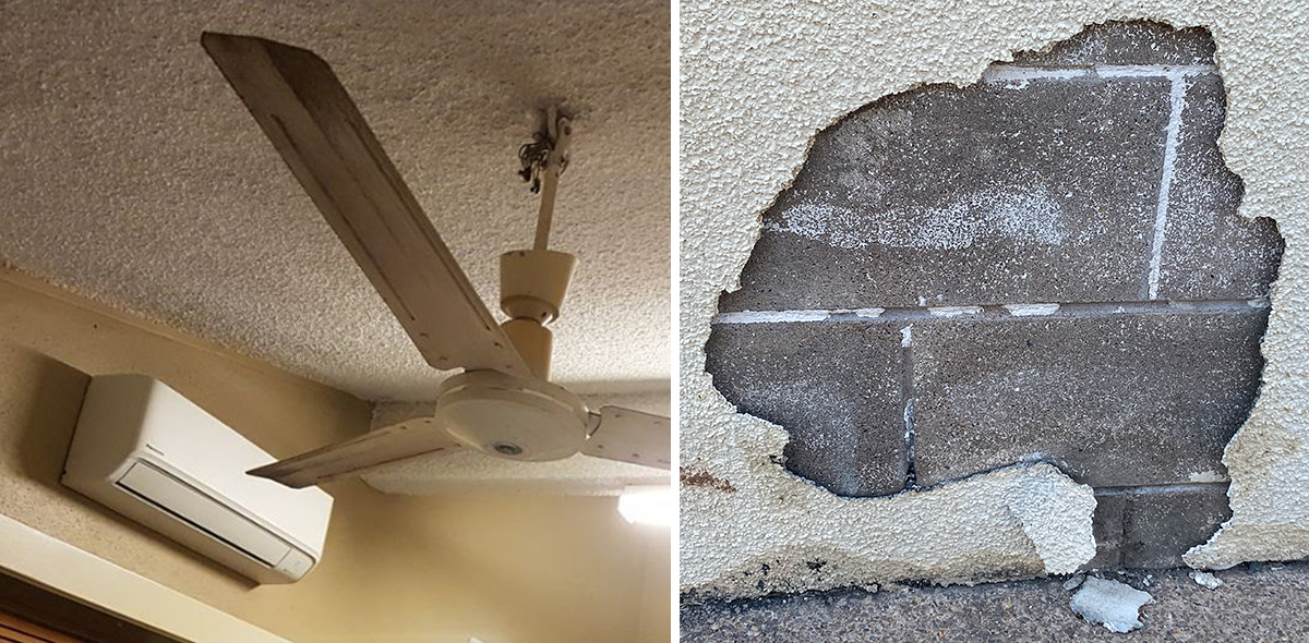 This is a composite of two images. The image on the left shows the asbestos containing vermiculite. The image on the right shows the asbestos containing external render.