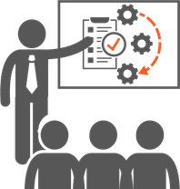 This infographic shows a figure representing a manager pointing out information on a screen for a group of workers.