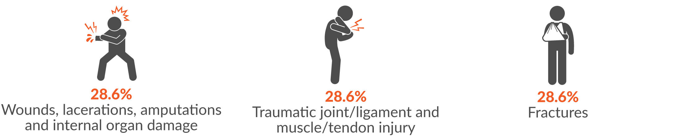 28.6% wounds, lacerations, amputations and internal organ damage, 28.6% traumatic joint/ligament and muscle/tendon injury and 28.6% fractures.