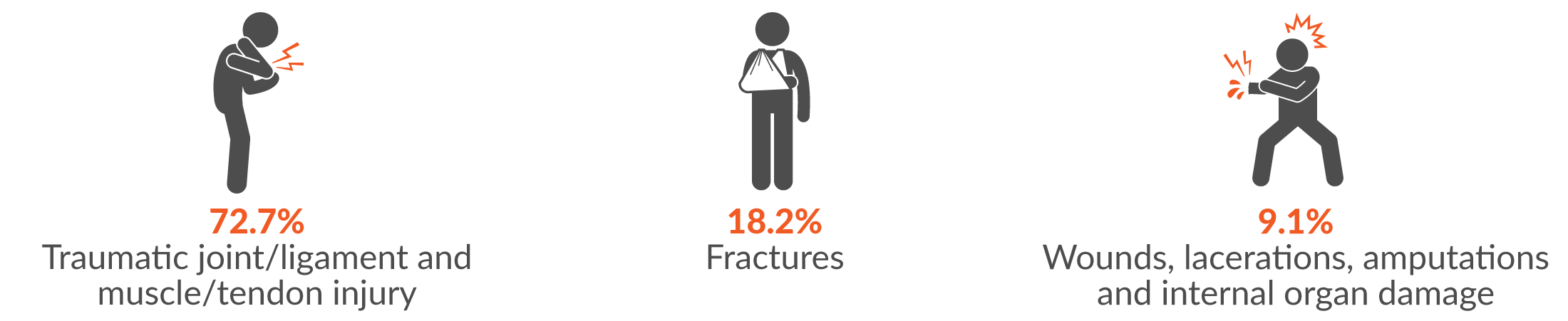 72.7% traumatic joint/ligament and muscle/tendon injury, 18.2% fractures and 9.1% wound, lacerations, amputations