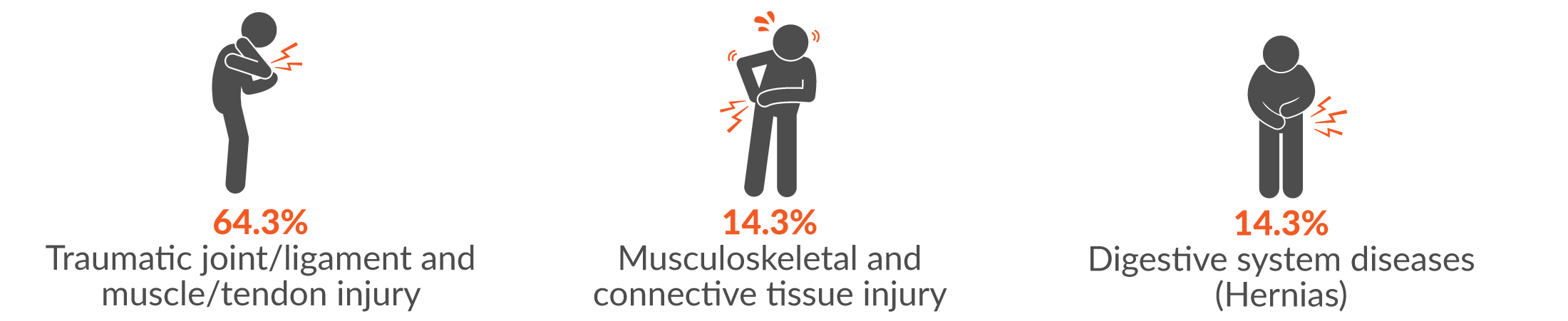 This infographic shows the main three injury groups resulting from body stressing were 64.3% traumatic joint/ligament and muscle/tendon injury; 14.3% musculoskeletal and connective tissue injury; and digestive system diseases (hernias) (also 14.3%).