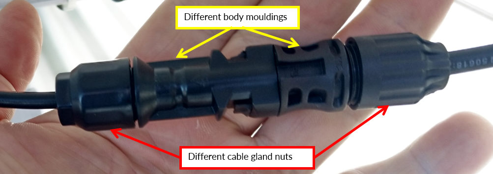 The image shows a d.c. connector showing mismatched body mouldings and cable gland nuts.