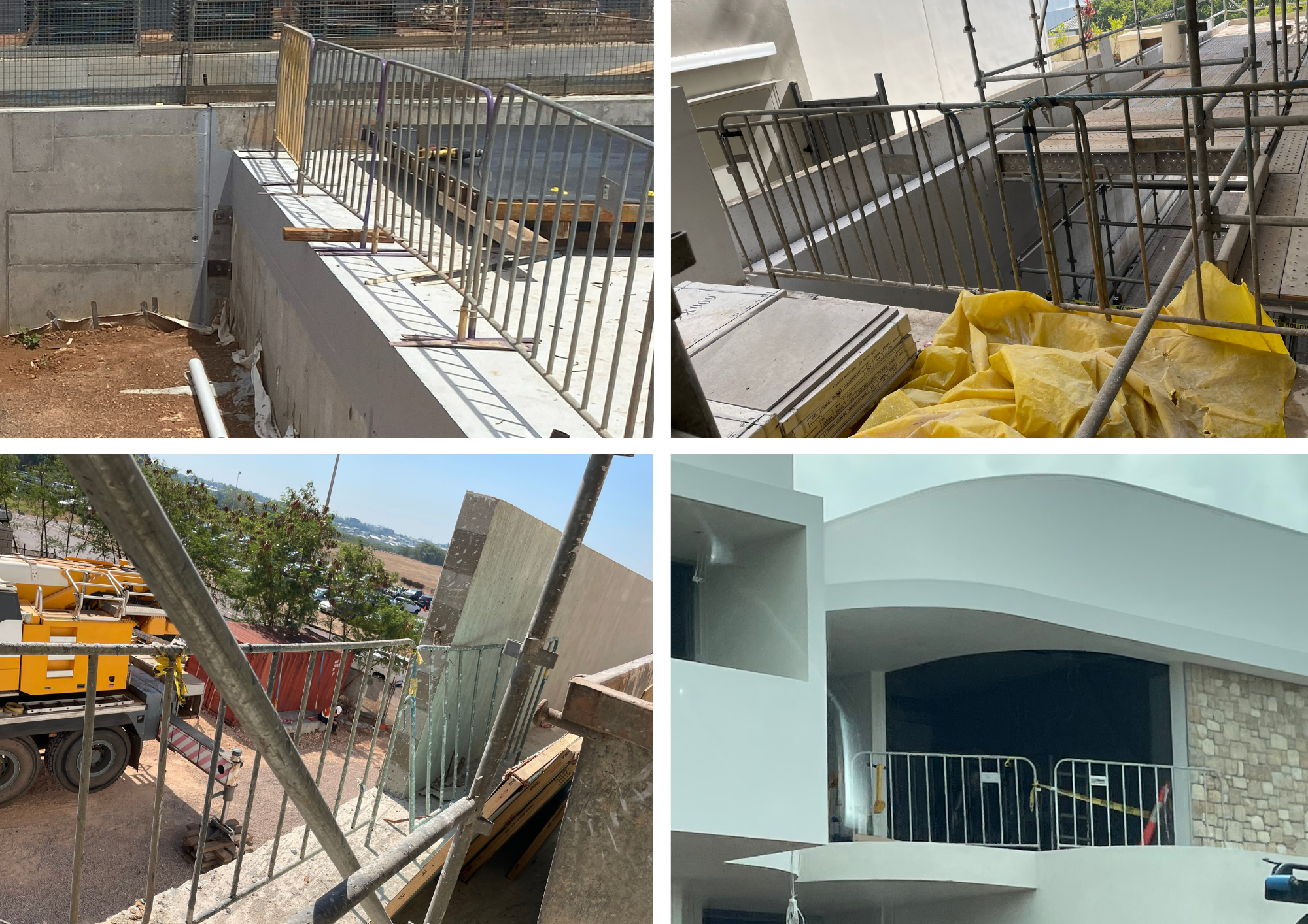 The crowd control barrier setups pictured above do not meet the requirements under AS/NZS 4994.1:2009. (Top left) Crowd control barriers placed along concrete edge. (Top right) Temporary barriers used on stairwell opening. (Bottom left) Barrier positioned at high level edge. (Bottom right) Crowd control barrier installed on upper level balcony.
