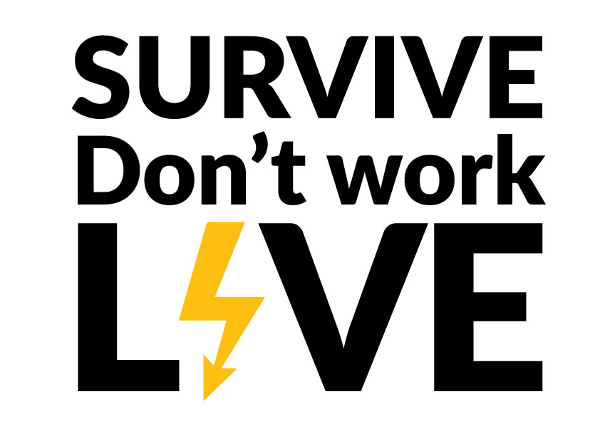this image is the campaign graphic showing the stylised words survive don't work live.