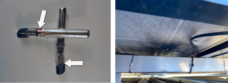 The left image shows a poorly crimped connection, and the right image shows the result of a poor crimp under the array.