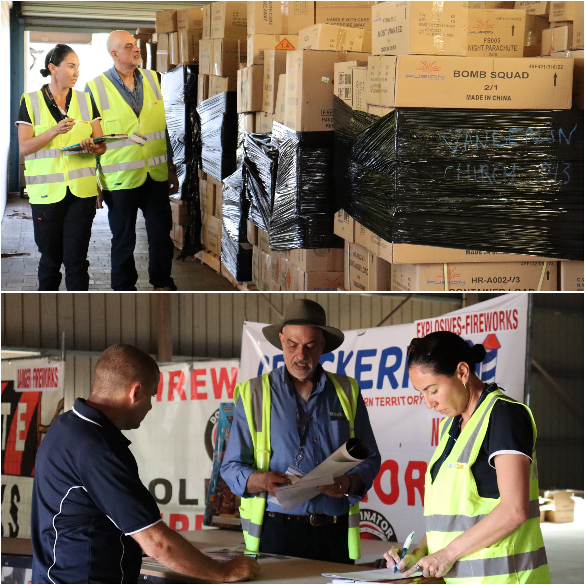 The image shows NT WorkSafe inspectors conducting inspections on a fireworks wholesaler.