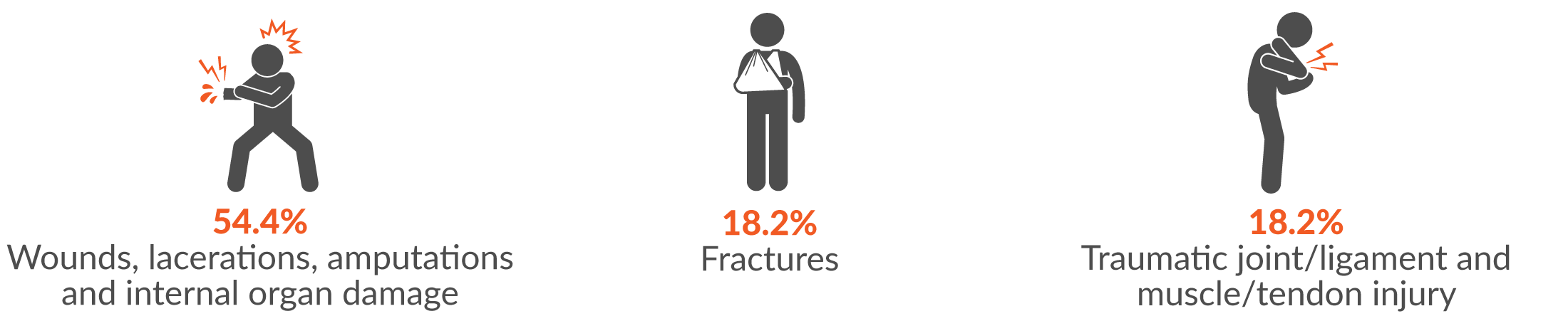 54.4% wounds, lacerations, amputations and internal organ damage; 18.2% fractures and 18.2% traumatic joint/ligament and muscle/tendon injury.