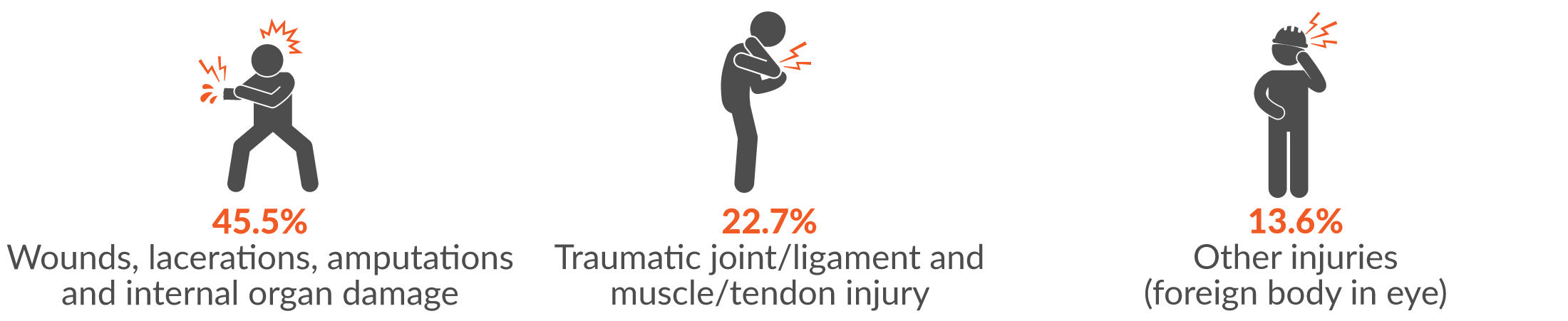 45.5% wounds, lacerations, amputations and internal organ damage; 22.7% traumatic joint/ligament and muscle/tendon injury; and 13.6% other injuries (foreign body in eye).