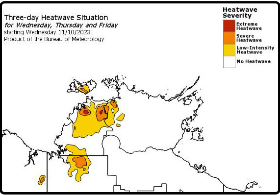 The following image is a map of the top half of the Northern Territory with yellow, orange and red shading of areas under a heatwave alert.