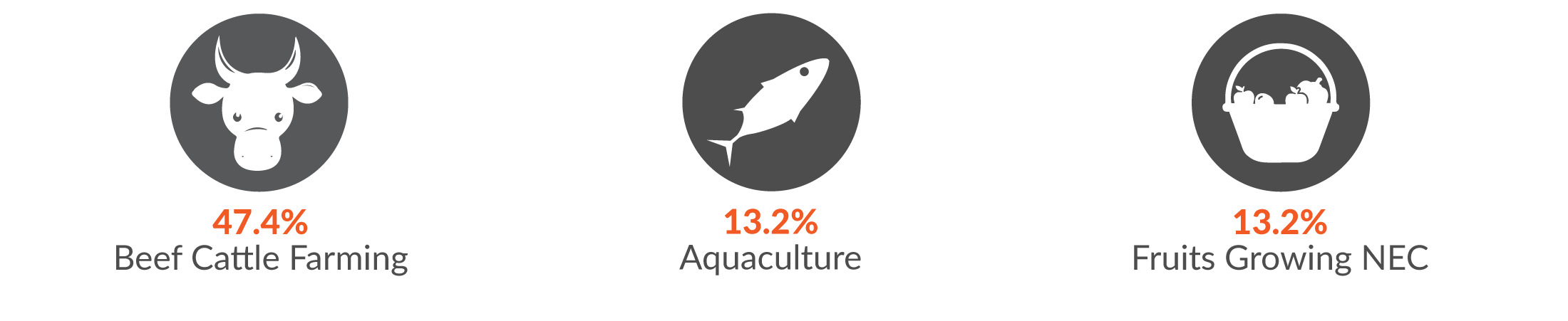 This infographic shows 47.4% of Agriculture, forestry and fishing serious injury claims were in Beef Cattle Farming; 13.2% in Aquaculture and 13.2% in Fruits growing NEC.