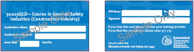 Image shows the blue construction induction card issued in Queensland under their Workplace Health and Safety Act 1995.