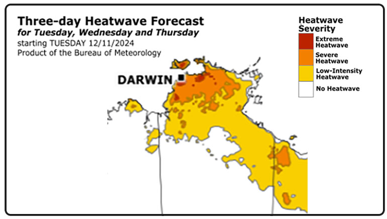 The image shows the heatwave forecast map issued by the BOM.