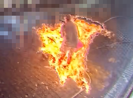 Image: CCTV footage captured the moment a worker was engulfed in flames during refuelling. This image shows fire engulfing a worker as they refuel a pressure washer