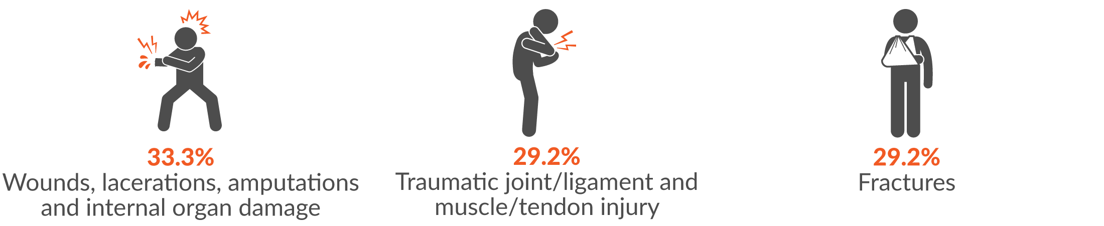 33.3% wounds, lacerations, amputations and internal organ damage; 29.2% traumatic joint/ligament and muscle/tendon injury; and 29.2% fractures.