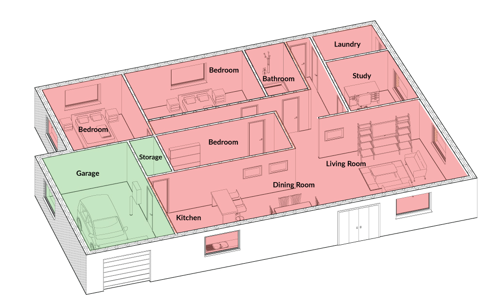 The image shows a 2D house plan with the habitable rooms overlaid in and non-habitable room overlaid in green.