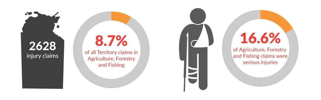 This infographic shows there were a total of 2628 workers' compensation claims in the Northern Territory for the year 2024-25. 8.7% of those claims were in Construction and 16.6% of those claims were for serious injuries.