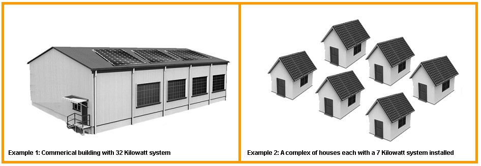 Image of commercial building and complex of houses with kilowatt systems