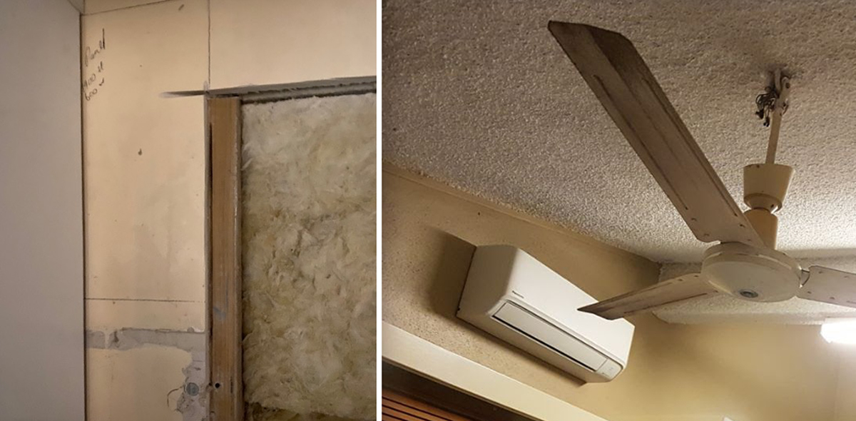 This is a composite of two images. The image on the left shows the asbestos containing internal wall from incident one. The image on the right shows the vermiculite ceiling from incident two.