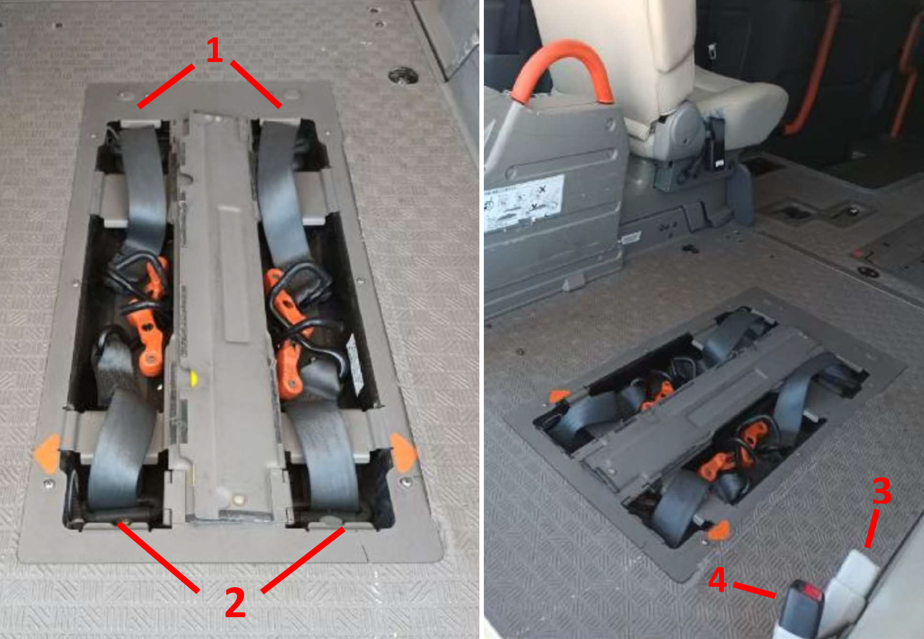 This is a composite image of two images displayed side by side showing the wheelchair restraint system installed in a vehicle. The leftside image shows four restraint points for the wheelchair wheels. The rightside image shows two restraint points, similar to a normal seatbelt restraint, for the shoulder and lap restraint.