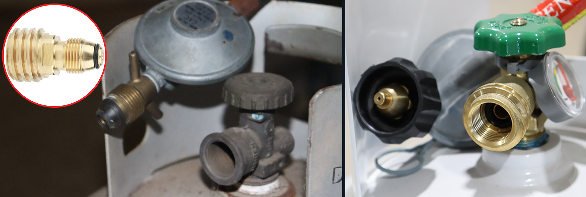 This image is a composite image. The left image is of the older type 21 POL appliance connector and cylinder connection. The image on the right shows the LCC27 appliance connector and cylinder connection. The inserted image shows an aftermarket adaptor.