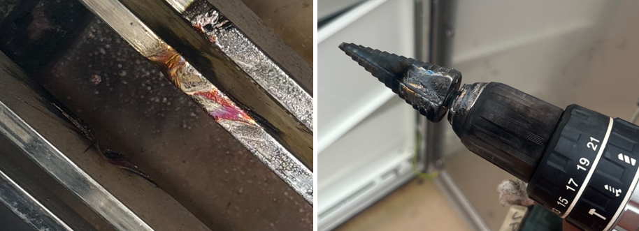 The image is a composite of two images. The left image is a close up of the busbar showing damage including oxidation and discoloration from the arc flash. The right image shows a close up of the step drill bit showing oxidation and discoloration also from the arc flash.