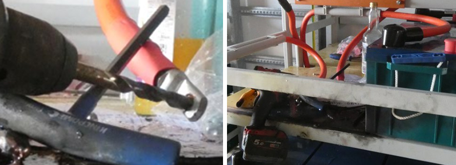 The image is a composite of two images. The left image shows a close up of the drill bit still in the cable lug. The right image shows the battery rack where the work was taking place.