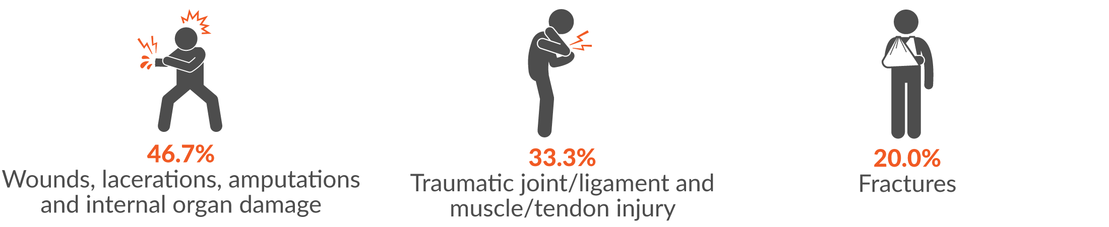 46.7% wounds, lacerations, amputations and internal organ damage; 33.3% traumatic joint/ligament and muscle/tendon injury and 20.0% fractures.