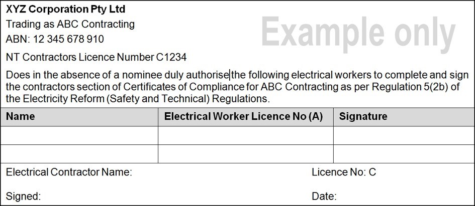 Example authorisation form