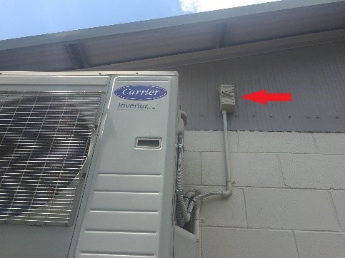Isolate the circuit breaker, unplug the head unit or turn off the external isolator, remember to always place a danger tag. Image of air-con external isolator
