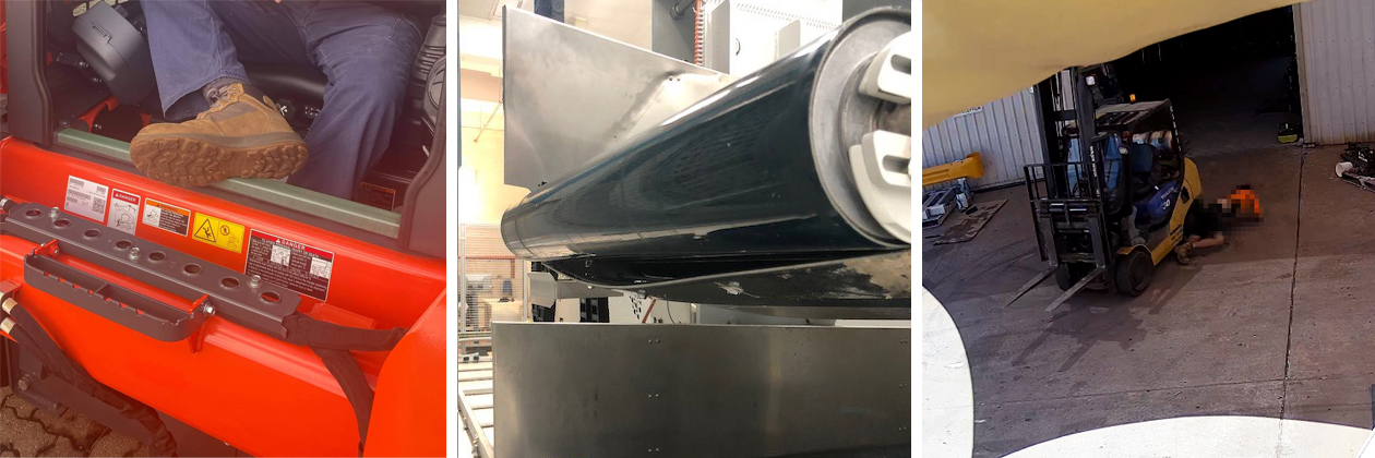 (Left) re-enactment of where workers foot was in incident one. (Middle) the conveyor belt roller from the second incident. (Right) Image of the forklift incident. The image is a composite of three images. The image of the left shows someone's right work boot resting on the frame of a skid-steer loader cabin and is a re-enactment of the first incident. The middle image shows the conveyor belt roller from the second incident. The right image is security footage showing a forklift with a worker on the ground next to the forklift.