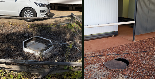 (Left) Image of the septic tank lid in the Katherine Region before rectification work. (Right) This image was taken by the parent after the incident in the Barkley Region. This is a composite of two images. The image on the left shows the septic tank lid from incident one, and the image on the right shows the septic tank lid from incident two.