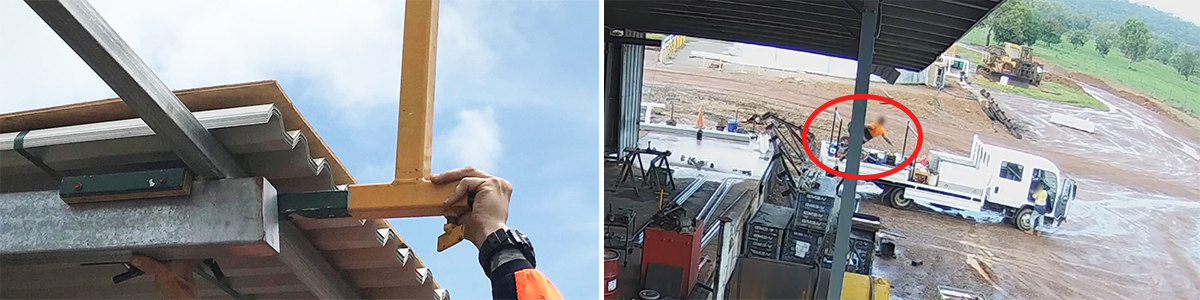 (Left) The clamps may not have been fit for purpose to prevent the worker falling in the first incident. (Right) Security footage captures the moment the worker fell in the second incident. This is a composite image from both incident scenes. The left image shows how the clamp was secured on the roof truss. The right image is security foots that capturing the worker falling from the roof.