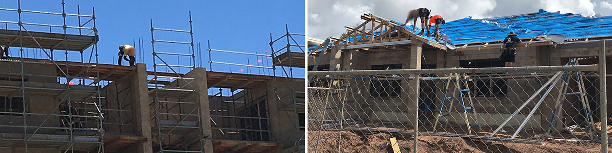 (Left) Inspectors in Alice Springs observed this worker on the seventh floor. (Right) Two workers standing on the roof trusses installing vapour barriers without fall prevention. This is a composite image of the building sites that were issued the prohibition notices. The image on the left shows a worker looking over the live edge of the seventh floor of a construction site in Alice Springs. The image on the right shows two workers standing on the roof trusses installing vapour barriers without fall prevention.