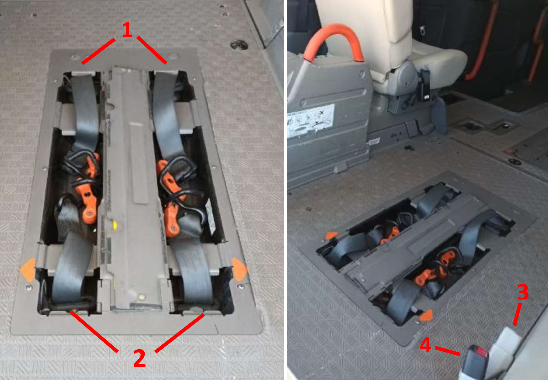An injury still occurred despite only one of the six restraint points being incorrectly secured for one of the incidents. This is a composite image of two images displayed side by side showing the wheelchair restraint system installed in a vehicle. The leftside image shows four restraint points for the wheelchair wheels. The rightside image shows two restraint points, similar to a normal seatbelt restraint, for the shoulder and lap restraint.
