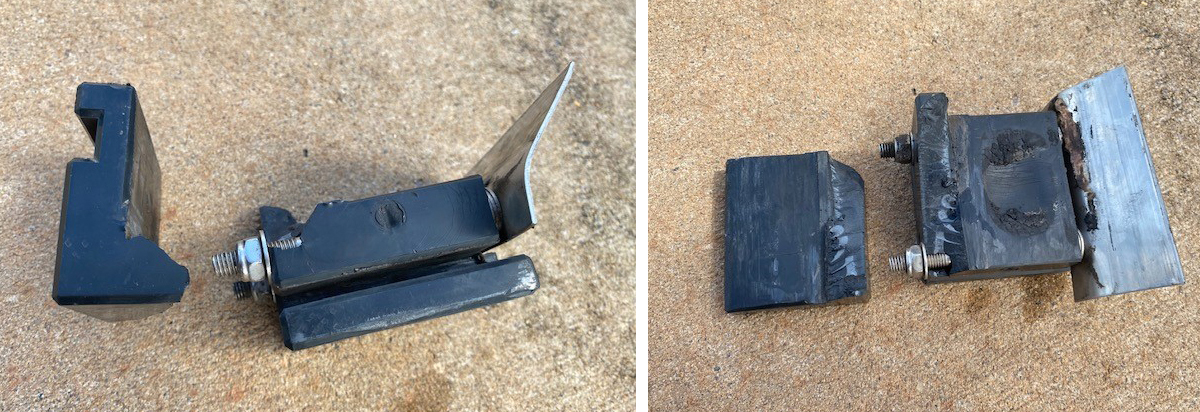 The guide block was made from hi-tensile plastic and was the only component holding the gate upright and in place. This is a composite of two images. The left hand image is a side view of the broken guide block component from the sliding gate. The right hand image is a top down image of the broken guide block.