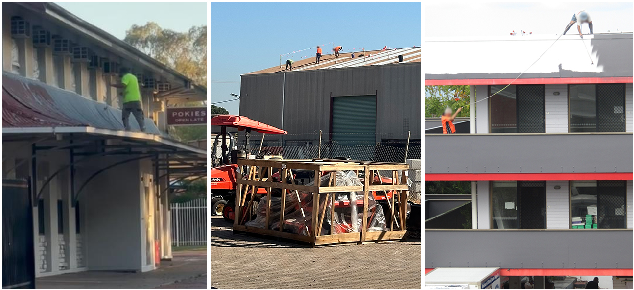 (Left) A worker on a first level awning. (Middle) Three workers on the roof of an industrial shed. (Right) A worker leaning over the roof's edge on a three storey building. This is a composite image of three images. The image on the left shows the incident from Alice Springs. The middle image shows the three workers on the roof of an industrial shed in Darwin and the right image shows the painter on a three story building roof.