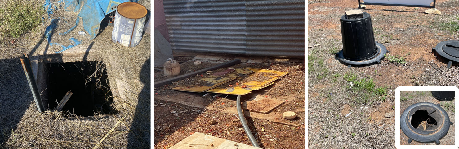 Image: (Left) Uncovered septic tank in the Katherine Region. (Middle) Road signs used to cover an unsecured septic tank. (Right) Overturn plastic rubbish bin and brick used to cover a broken septic tank lid. (Insert) The damaged lid under the bin. This image is a composition of three images showing septic tank lids that are in a non-compliant state.