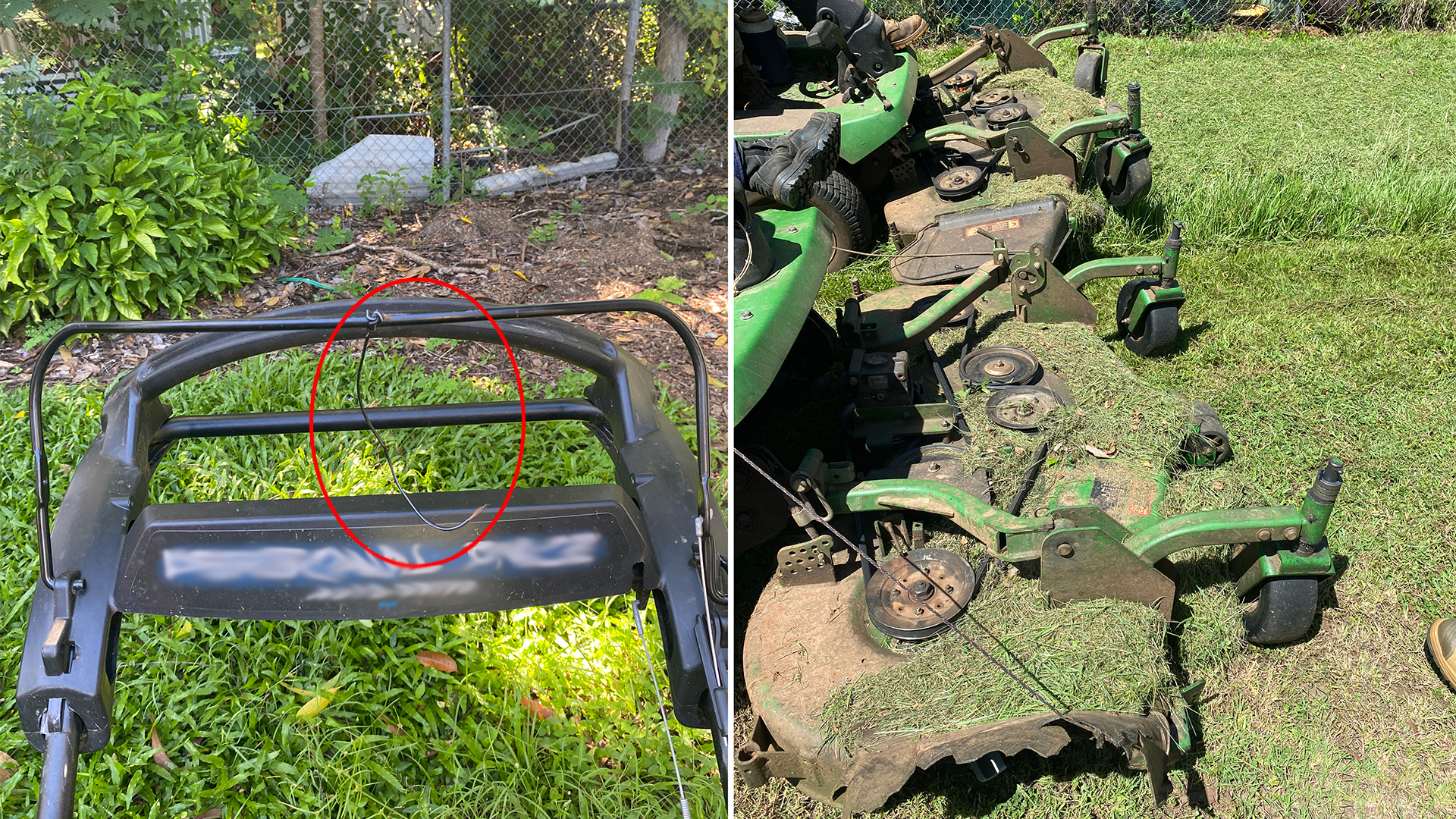(Left) Circled in red is the wire used to tie down the blade control bar and bypass the auto-stop safety feature. (Right) the ride-on mowers operating with the guards removed. This image is a split image. On the left is a close up of the self-propelled lawn mowers handle bar showing a wire (circled in red) tied to and hanging from the blade control bar. The image on the right shows the front of two ride on mowers without the pulley guards in place.