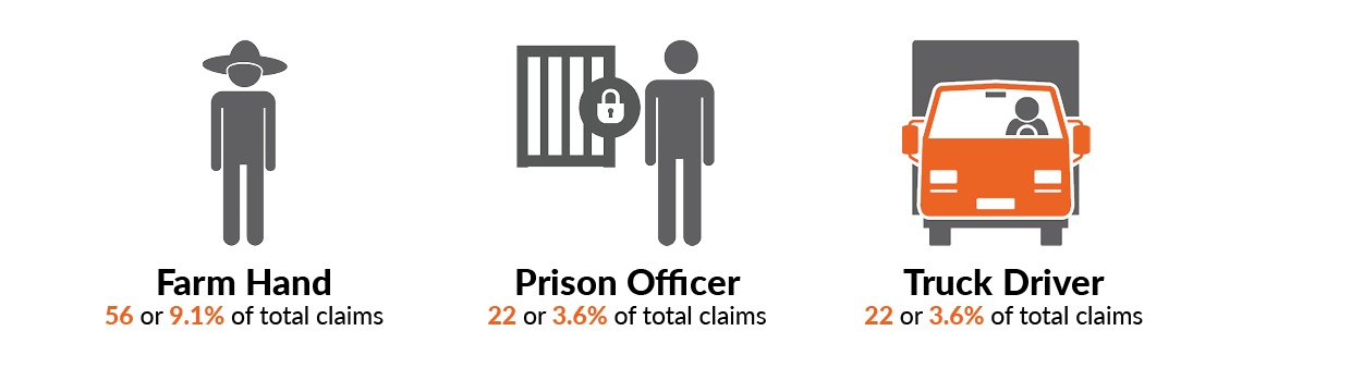 The three worker occupation with the highest proportion of serious injuries was Farm hand 56 serious injury claims or 9.1% of total claims. Prison Officer and Truck Driver, both with 22 or 3.6% of total claims.