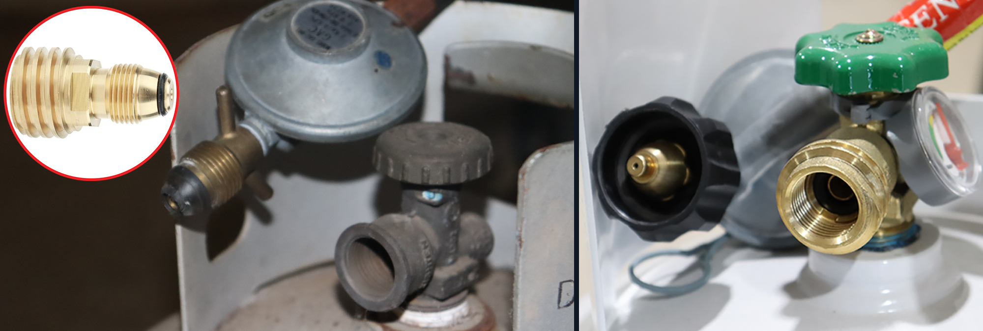 Type 21 POL appliance connector and cylinder connection (left) and LCC27 appliance connector and cylinder connection, which has both internal and thicker external threads (right). The insert image shows an aftermarket adaptor, which should not be used. This image is a composite image. The left image is of the older type 21 POL appliance connector and cylinder connection. The image on the right shows the LCC27 appliance connector and cylinder connection. The inserted image shows an aftermarket adaptor.