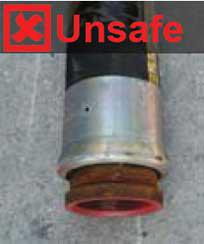 Attached metal fittings to the free end of the hose is unsafe. Image shows a metal fitting on the free end of the rubber delivery hose which is unsafe.