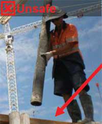 Standing next to an unprotected edge is unsafe. Image shows a construction worker holding a concrete hose standing next to an unprotected edge